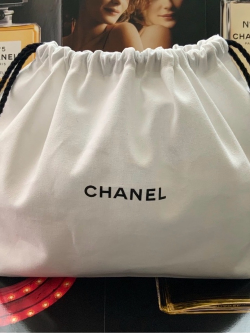 CHANEL White Drawstring Cosmetic Pouch with Black Rope - Authentic